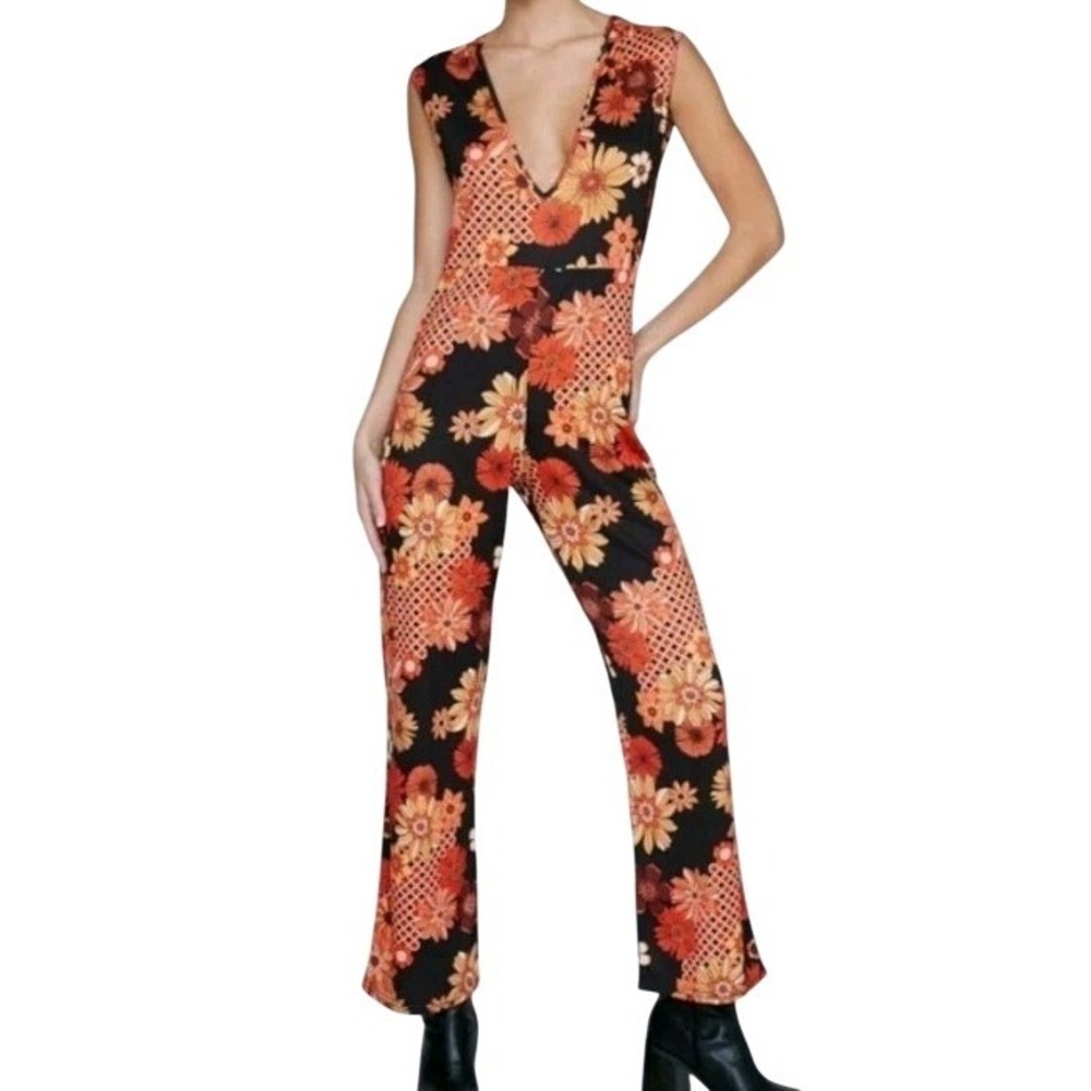 Nasty Gal Women's Plus Floral V-Neck Wide-Leg Jumpsuit Orange Sz 14 Funky Retro‎